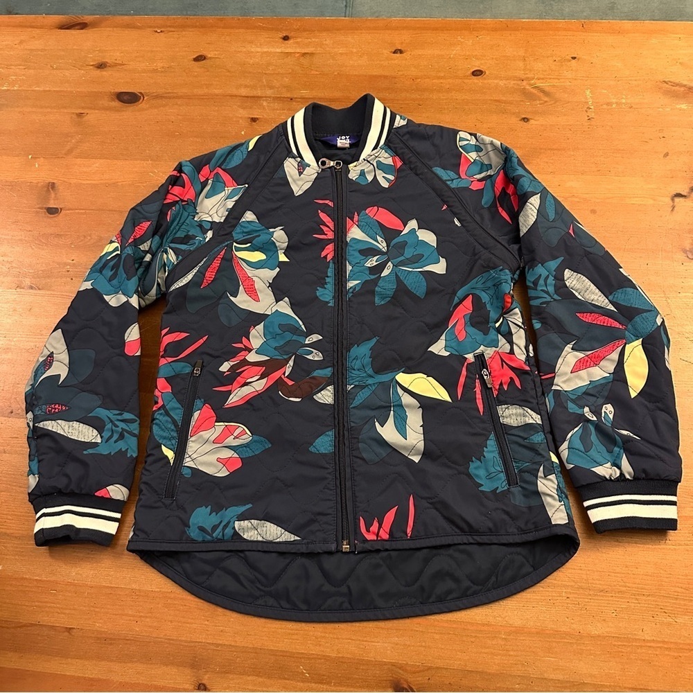 JoyLab Navy Blue Quilted Hibiscus Tropical Floral Bomber Full Zip Jacket XS